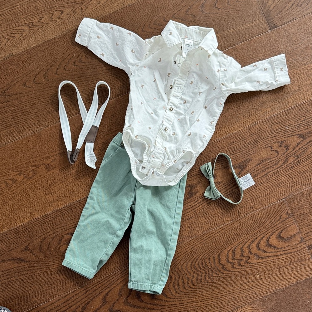 Baby Boy Bunnies Mint Green & White Matching Set Shirt Onesie and Pants Bow Tie